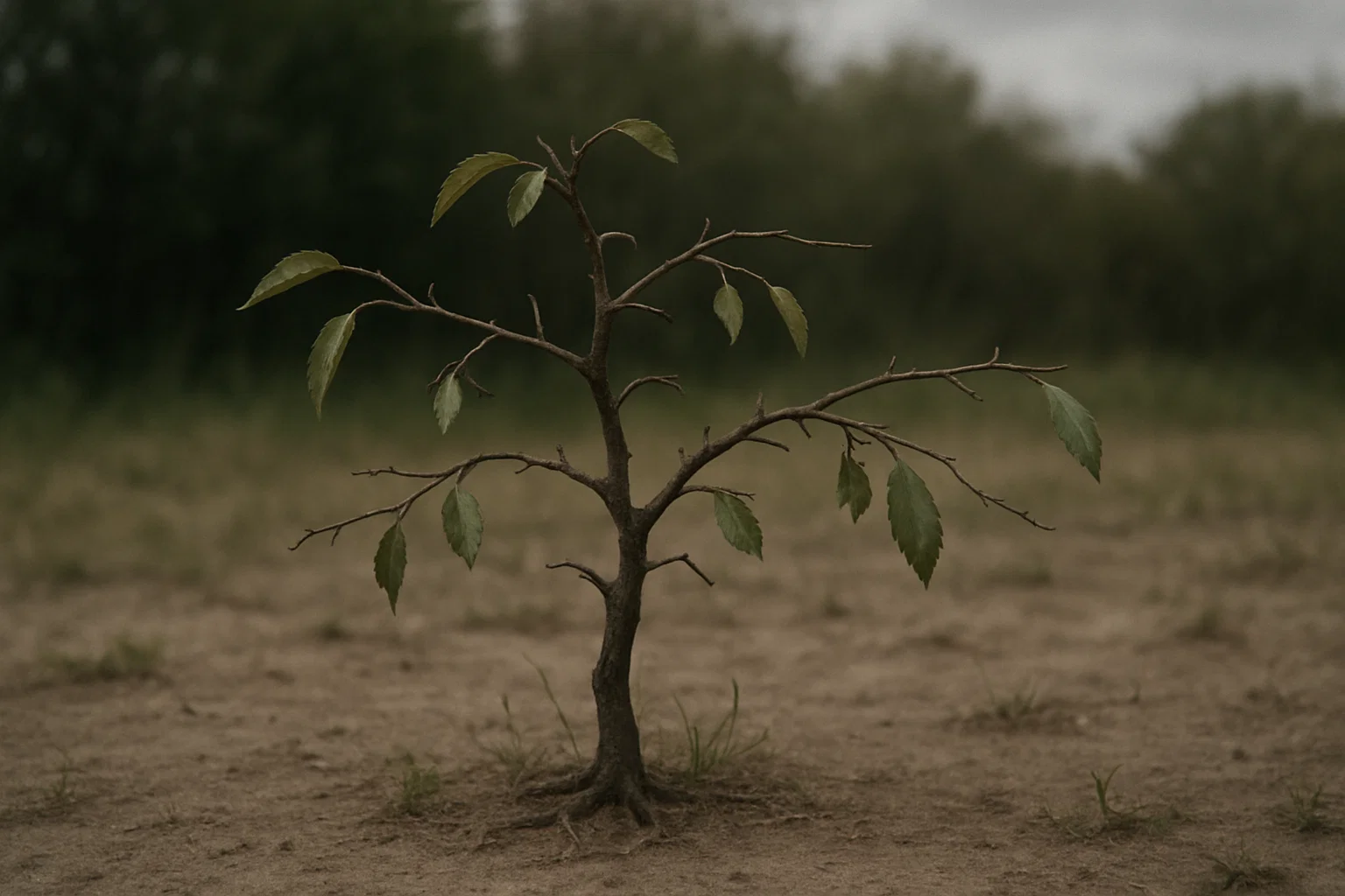 A small, sparse tree with green leaves stands alone on dry ground, surrounded by blurred green foliage in the background.