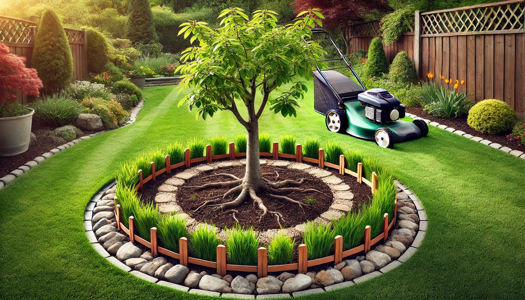 Lush garden featuring a small tree surrounded by decorative stones and grass, with a lawn mower ready for use in the background.