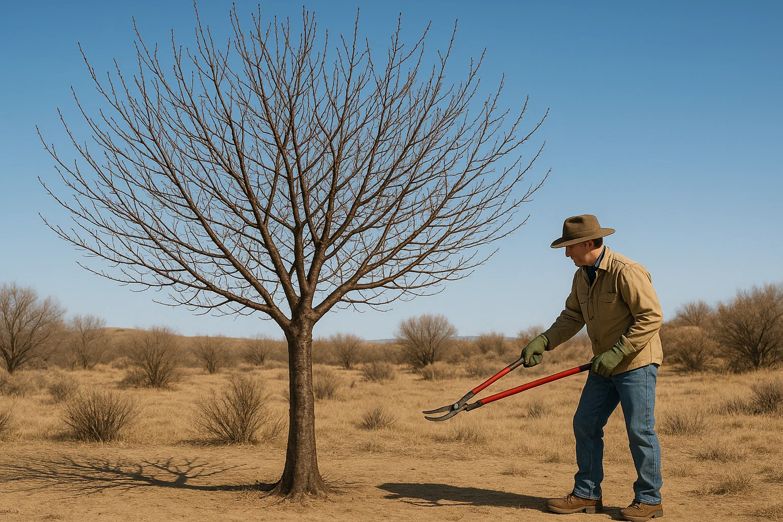 A person in a hat and gloves is pruning a bare tree using large red clippers in a grassy landscape under a clear blue sky.