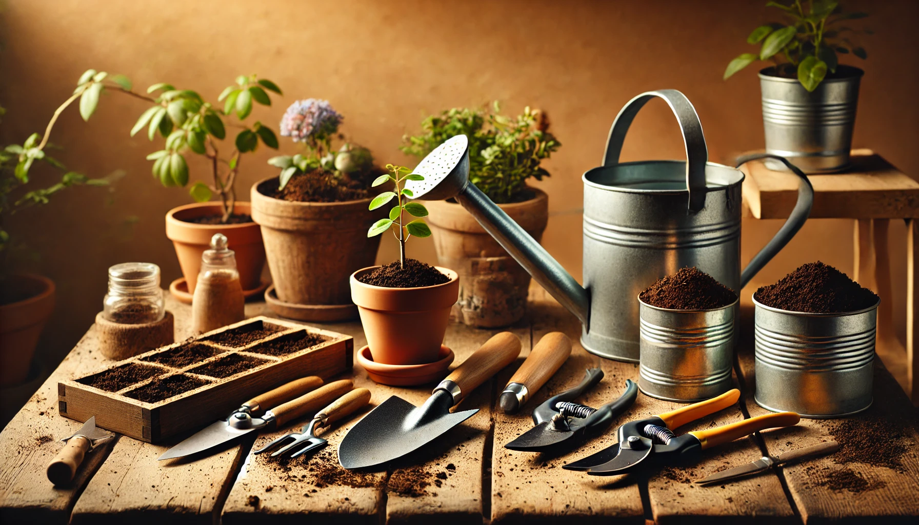A cozy gardening scene featuring potted plants, soil, and various hand tools on a rustic wooden table, with a watering can nearby.