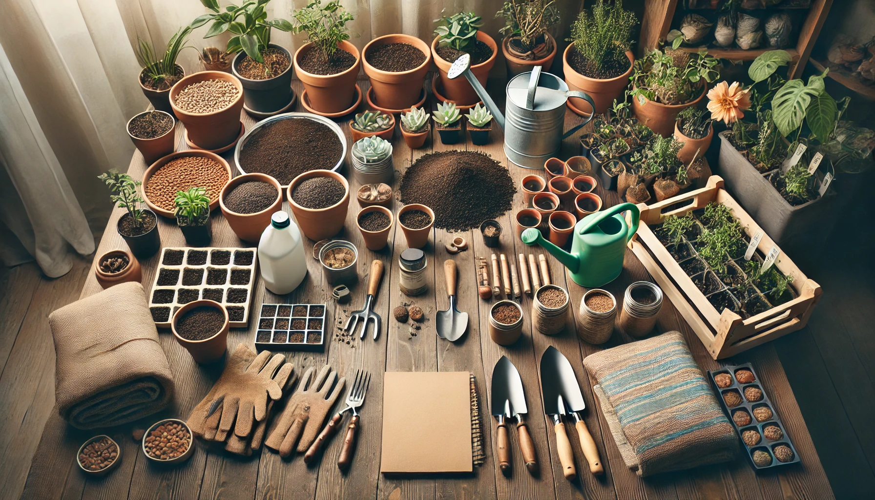A vibrant gardening setup with pots, seeds, tools, and soil arranged on a wooden table, radiating a nurturing atmosphere.