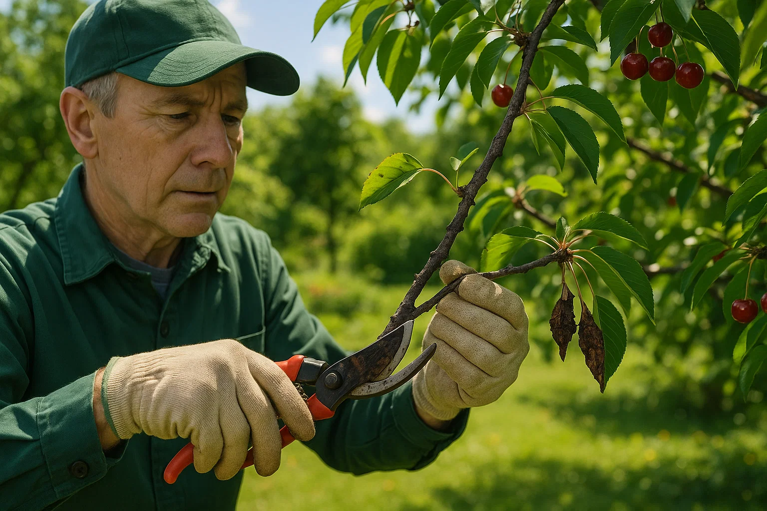 A person in a green shirt and hat uses pruning shears to trim a branch with red cherries and green leaves in a sunny orchard.