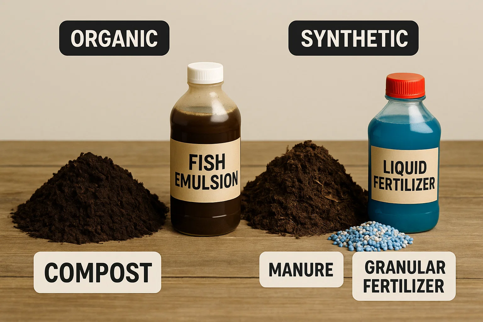 Image displays organic and synthetic fertilizers: compost, fish emulsion, manure, liquid fertilizer, and granular fertilizer on a wooden table.