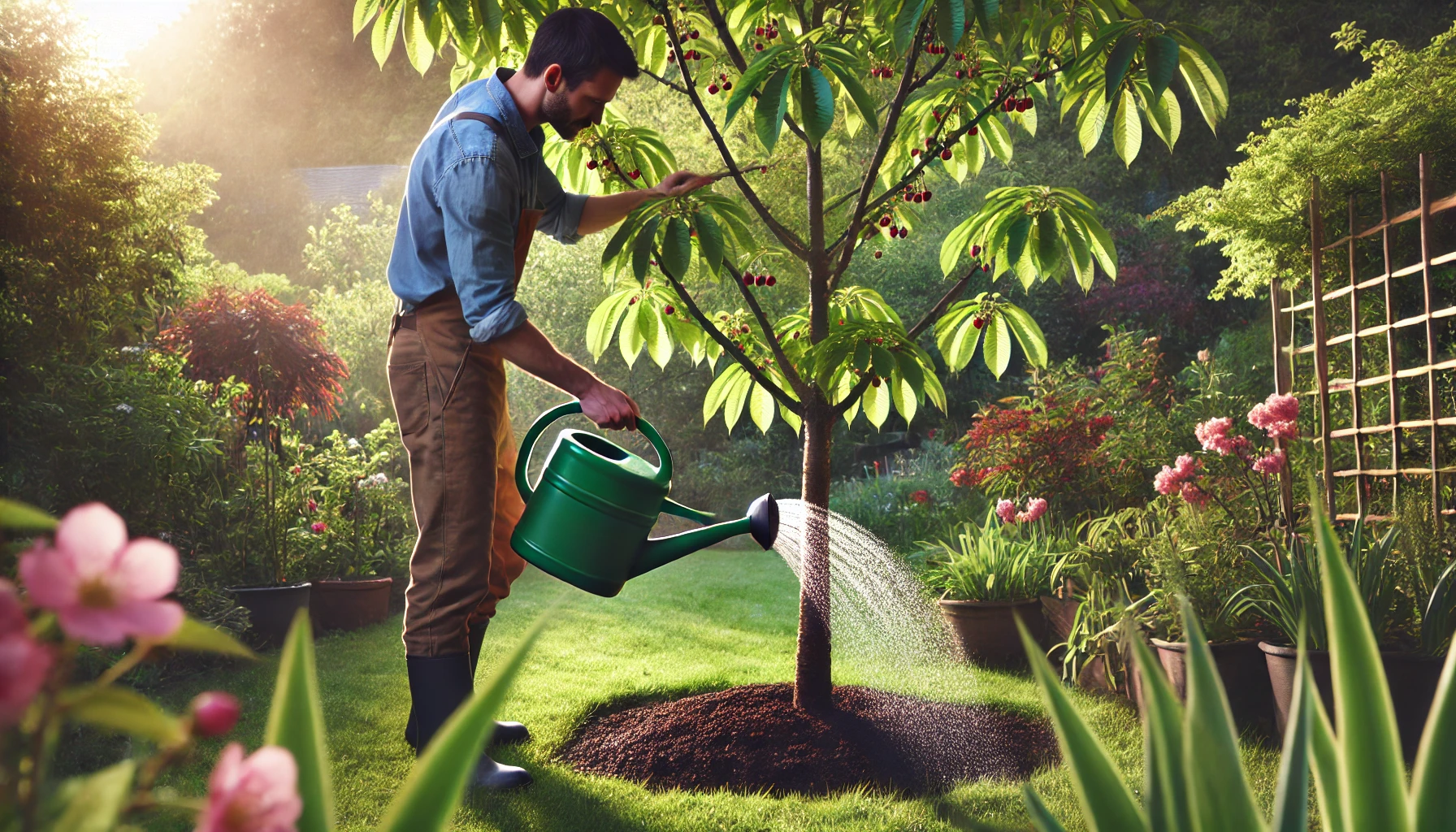 A gardener waters a young tree with a green watering can in a vibrant garden filled with colorful flowers and plants.