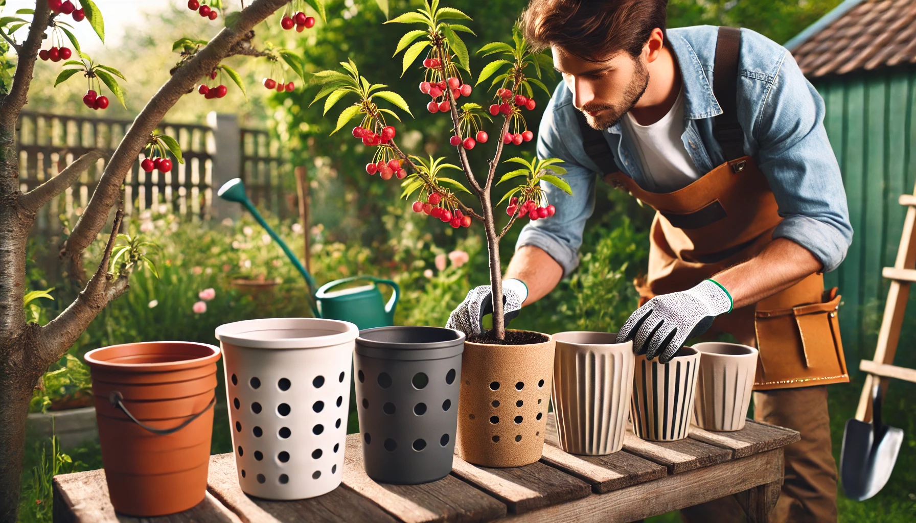 A gardener carefully plants a small tree with red cherries in decorative pots on a wooden table, surrounded by a vibrant garden.