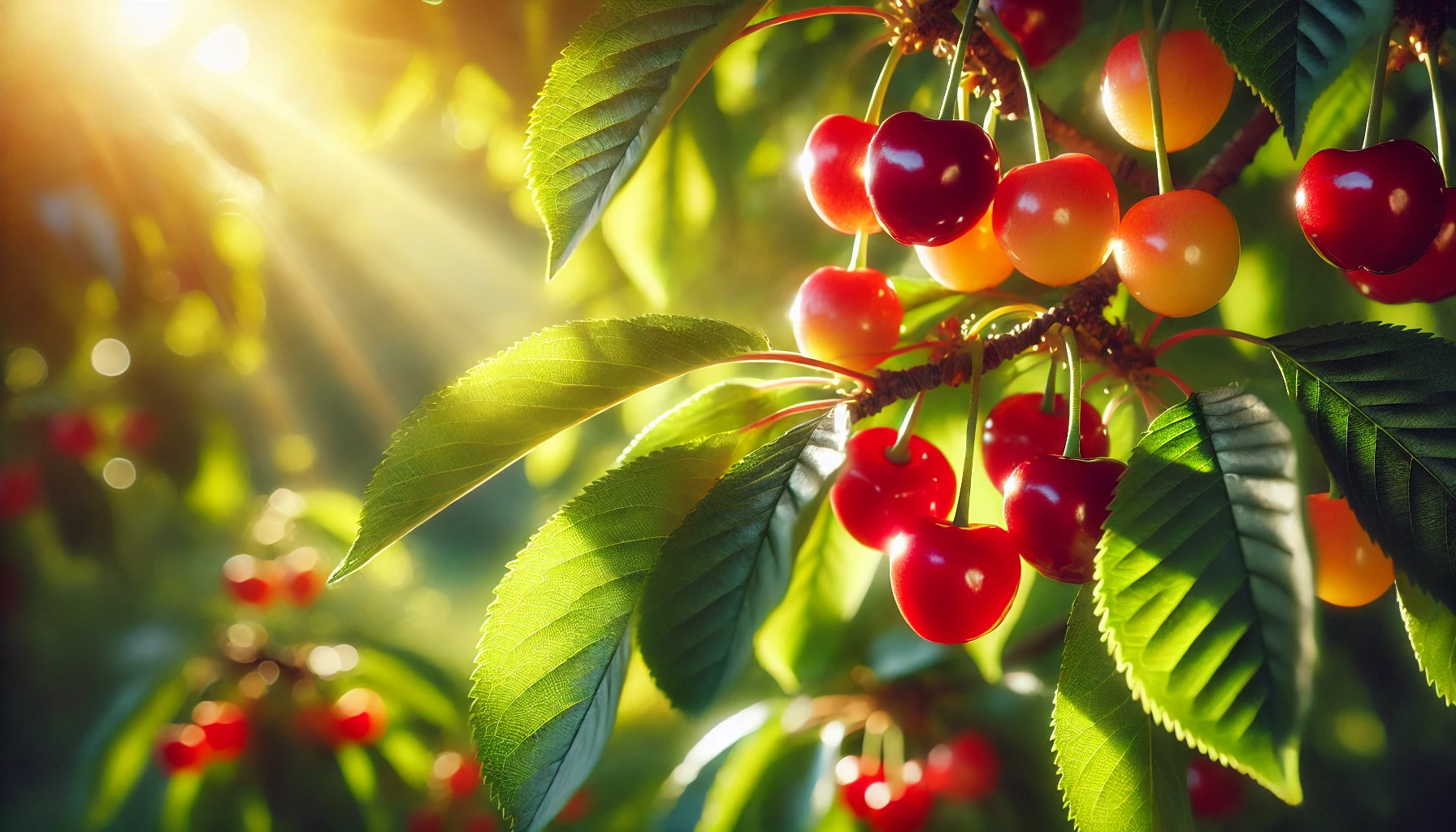 Vibrant cherry tree branches laden with red and yellow cherries, illuminated by warm sunlight filtering through lush green leaves.