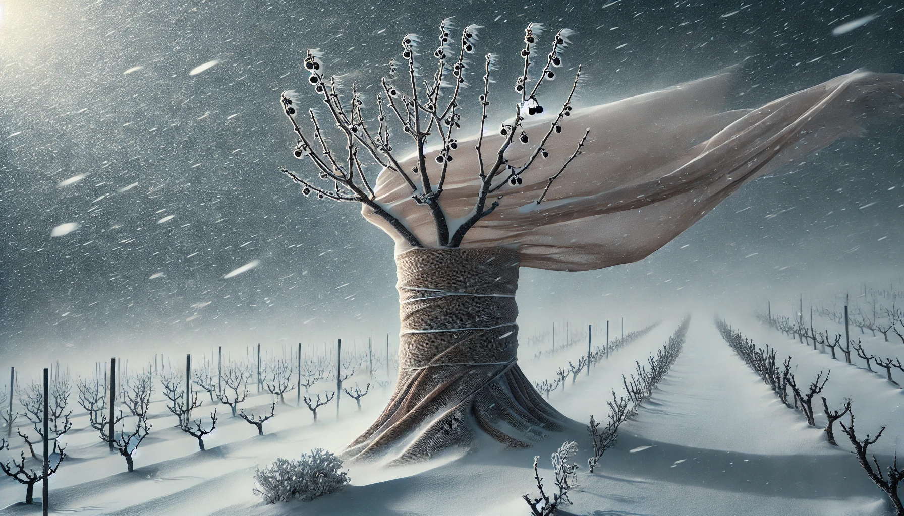 A tree wrapped in burlap stands amid a snowy vineyard, with snow swirling in the wind against a bleak, gray sky.