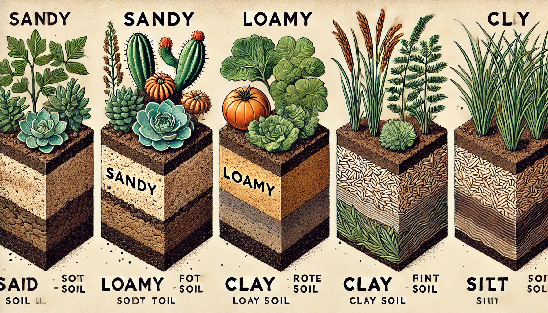 Illustration of different soil types: Sandy, Loamy, Clay, Clay (fint), and Silt, with corresponding plant species above each type.