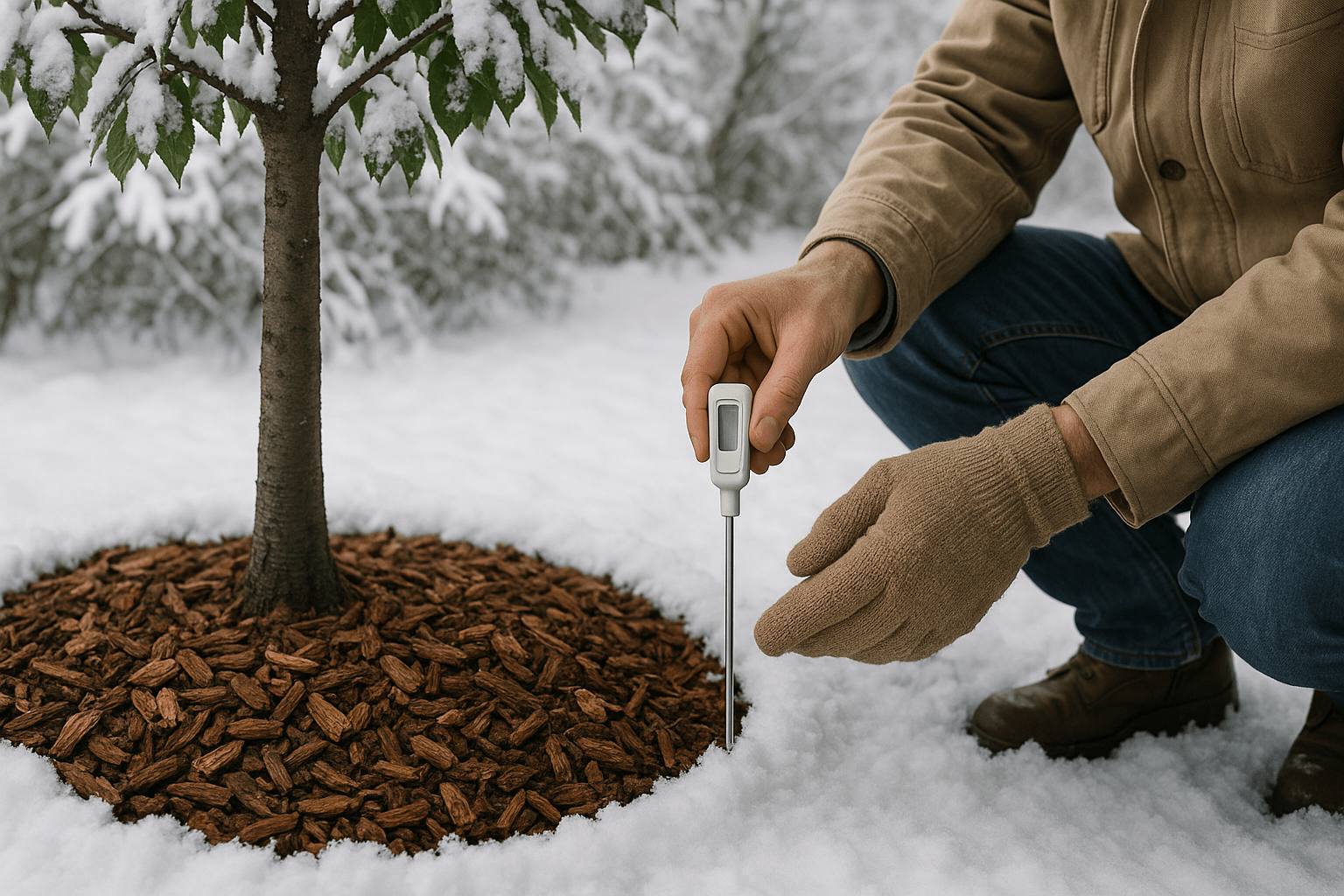 A person in gloves checks soil temperature near a snow-covered tree surrounded by a mulch ring. Winter gardening in progress.