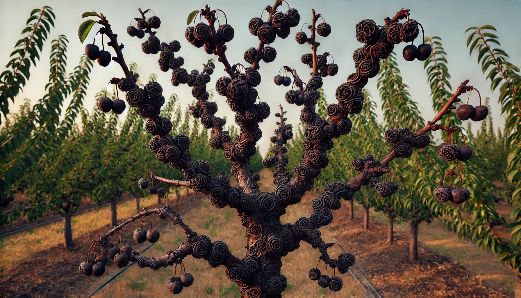 A unique tree with dark, spiral-shaped fruits resembling roses, surrounded by lush green orchards in the background.