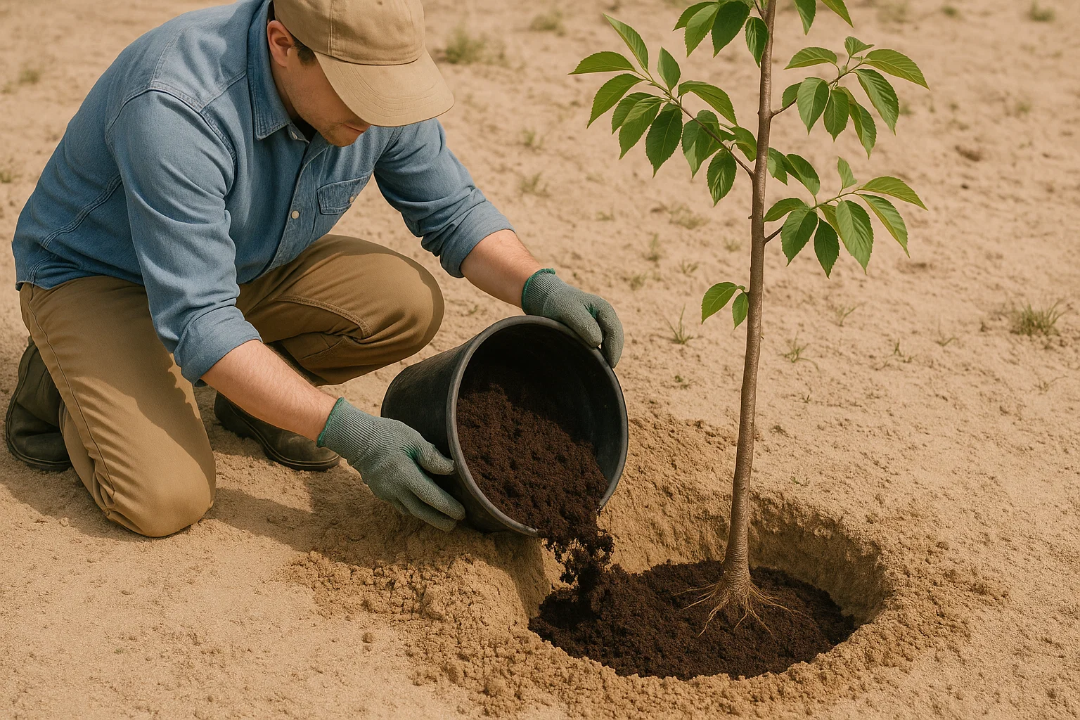 A person kneels on sand, pouring soil from a black container into a hole around a newly planted young tree.