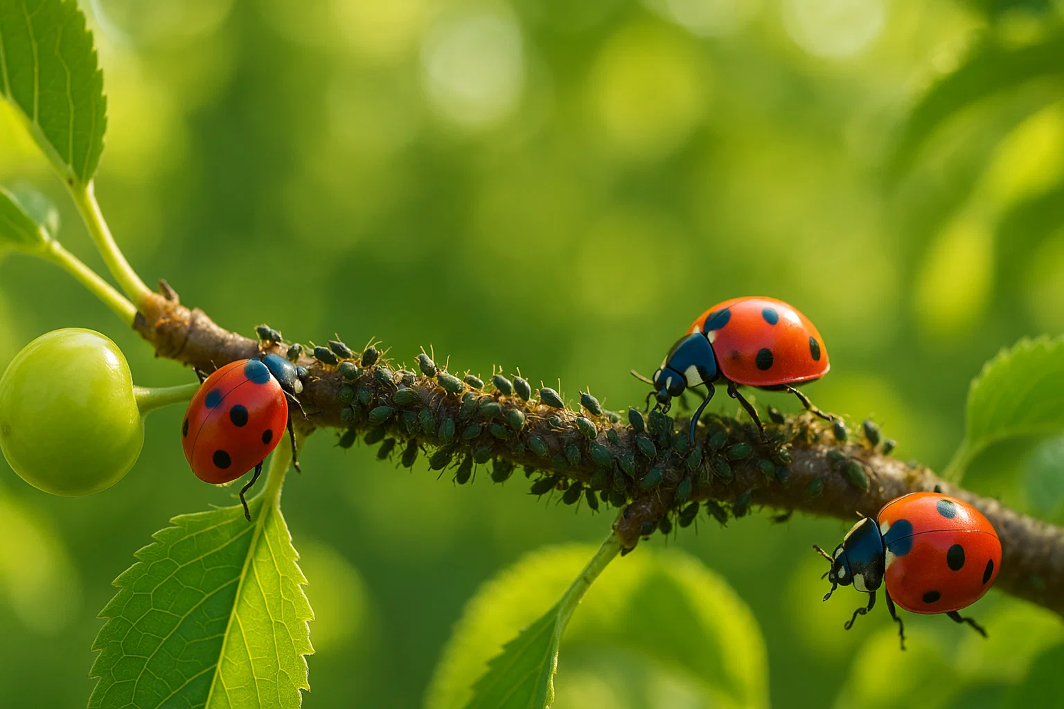 Three ladybugs with vibrant red bodies and black spots crawl on a branch covered in aphids, surrounded by lush green leaves.