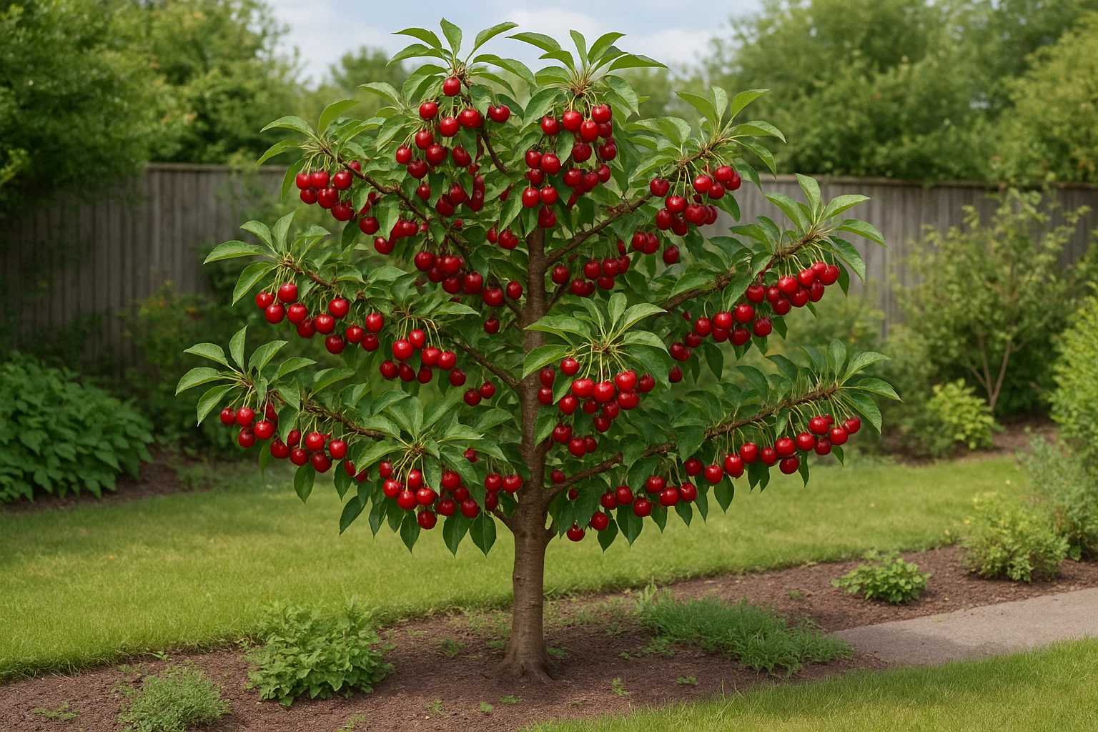 A cherry tree laden with bright red cherries stands in a lush garden, surrounded by greenery and a wooden fence in the background.