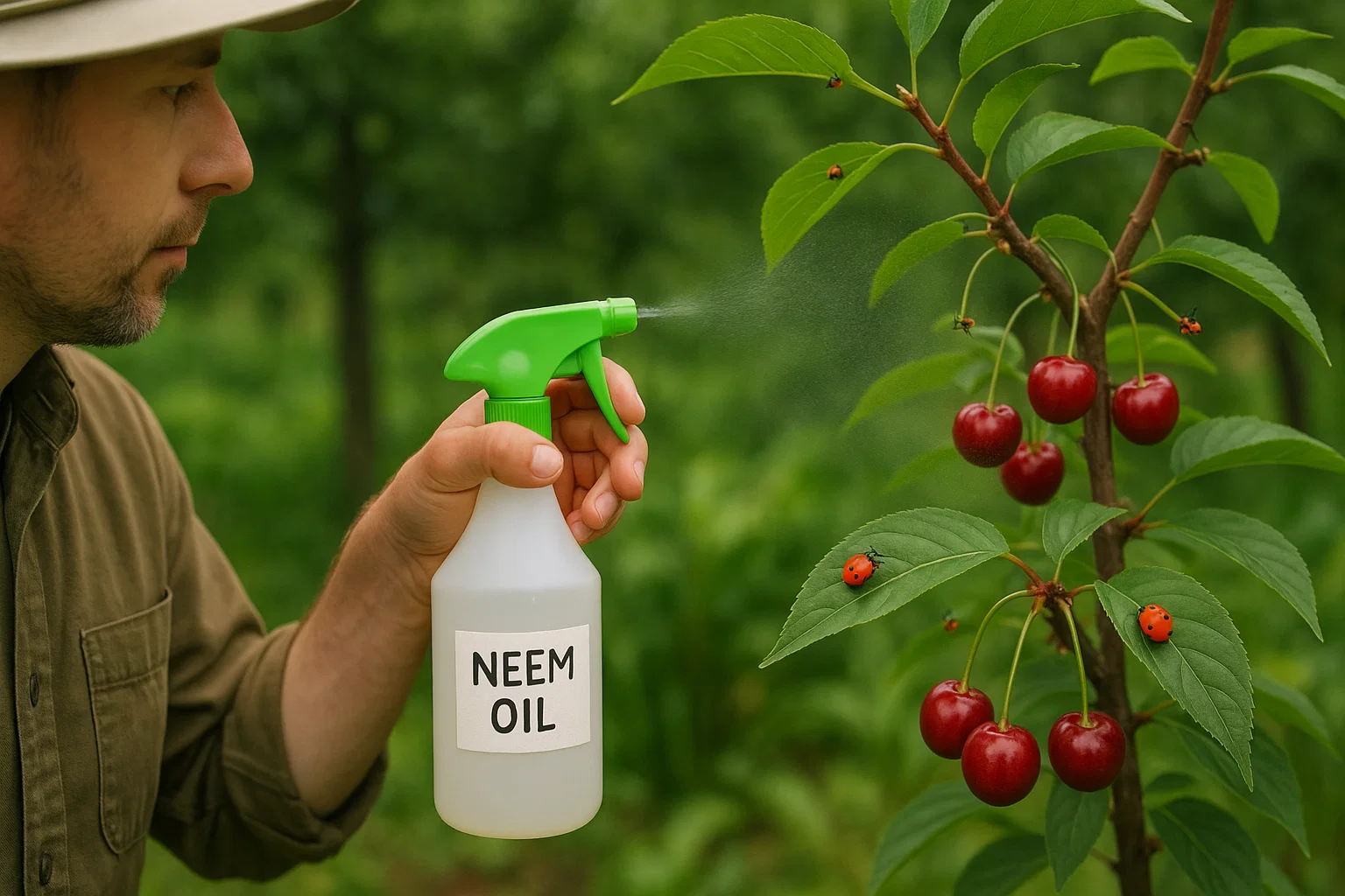 A person sprays neem oil from a labeled bottle onto a cherry tree, adorned with vibrant red cherries and ladybugs.