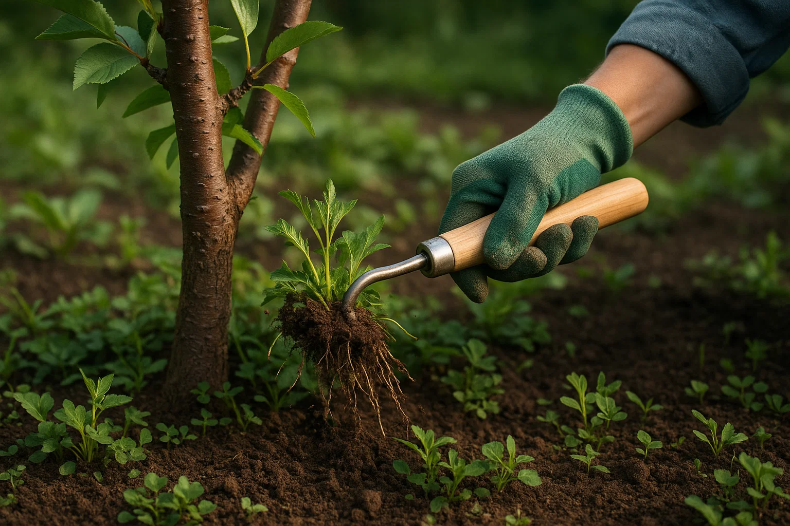 A gloved hand holds a gardening tool, uprooting a small green plant near a young tree in rich, dark soil.