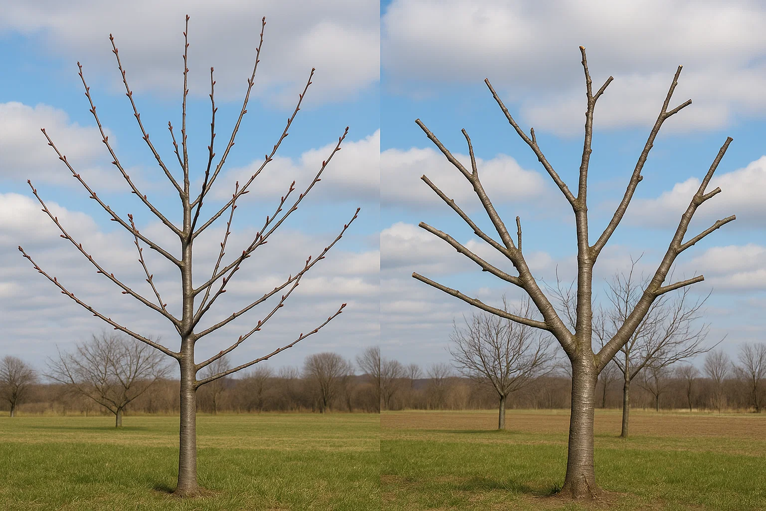 Two trees side by side in a grassy field under a cloudy sky, one with symmetrical branches and buds, the other with uneven, pruned limbs.