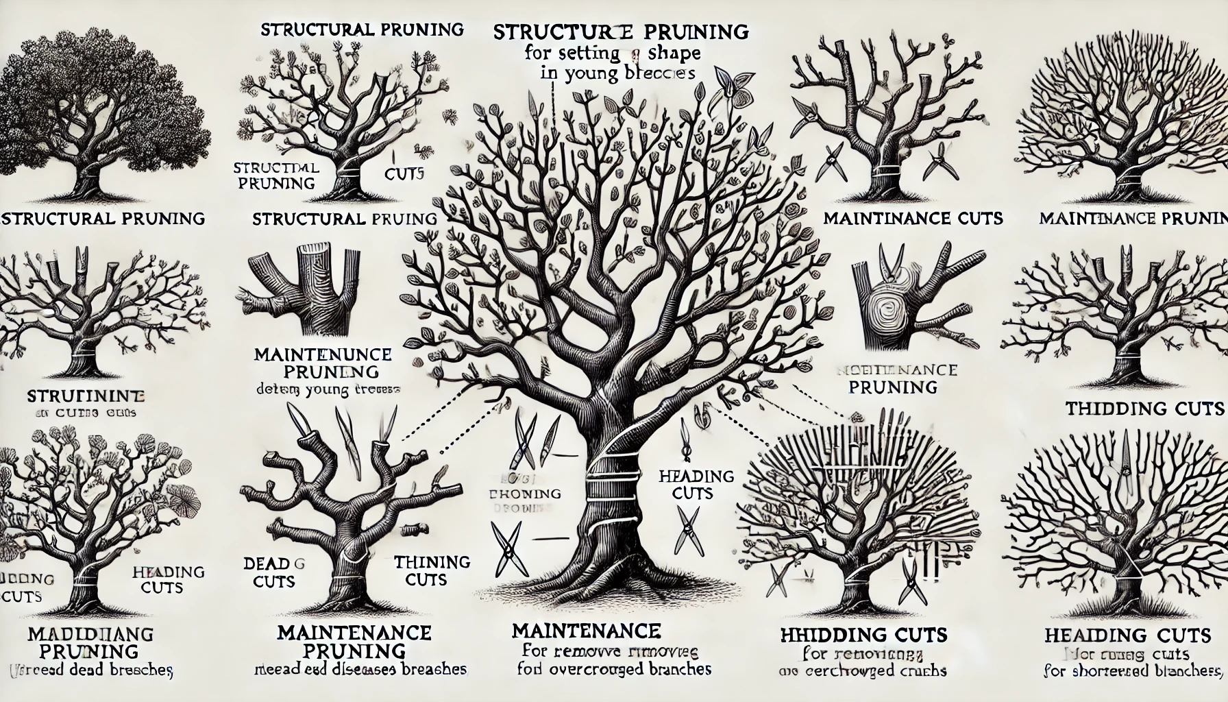 A detailed guide illustrates various tree pruning techniques, including structural, maintenance, and heading cuts with labeled diagrams.