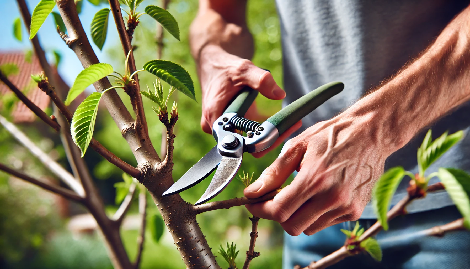 A gardener uses pruning shears to trim branches on a tree, showcasing fresh green leaves and a sunny outdoor setting.