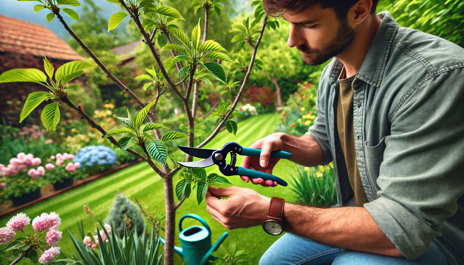 A person gardening, holding pruning shears, tending to a young tree surrounded by vibrant flowers and greenery in a scenic garden.
