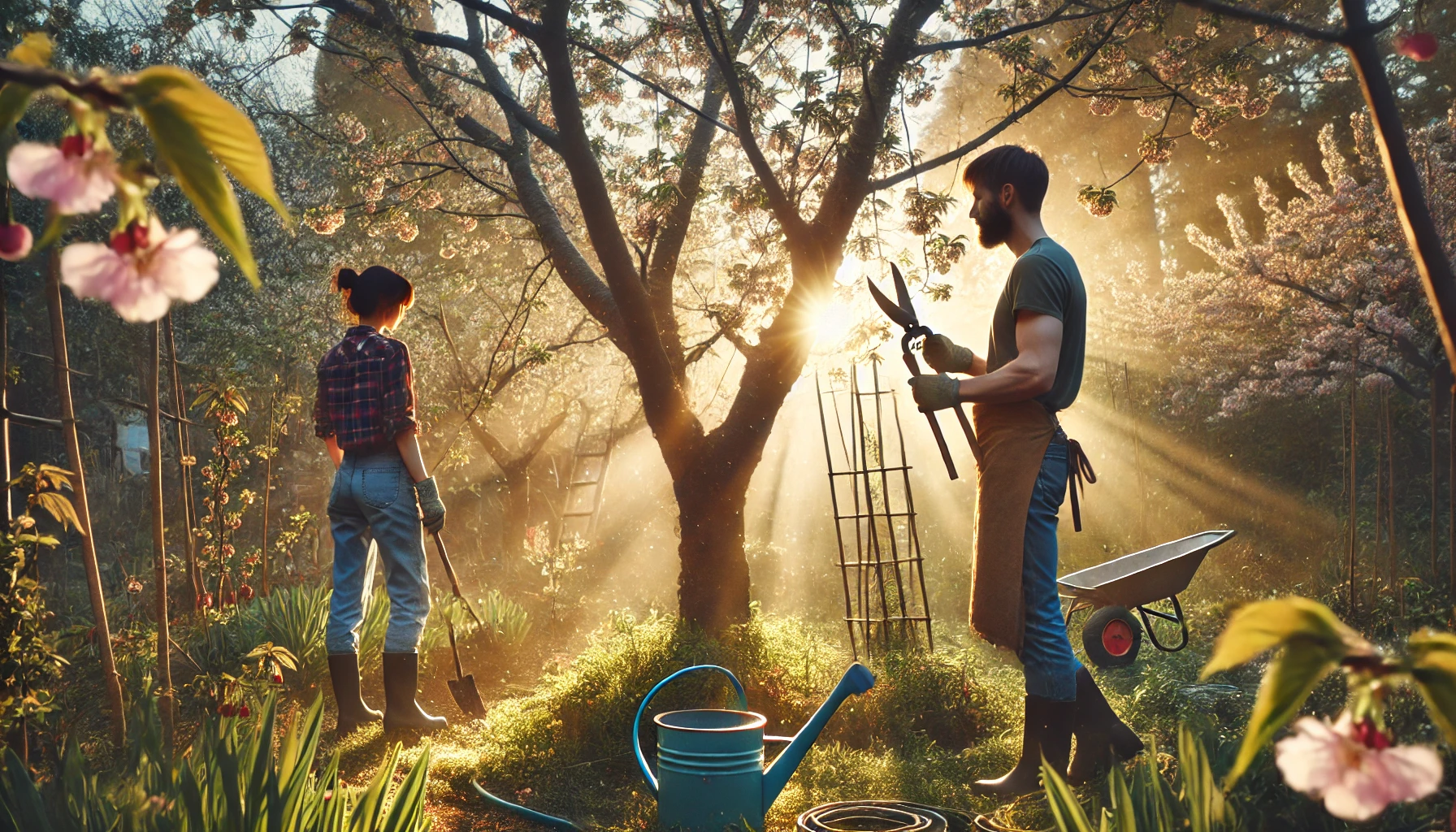 A sunny garden scene with two people tending to trees, one holding pruning shears, surrounded by blooming flowers and greenery.