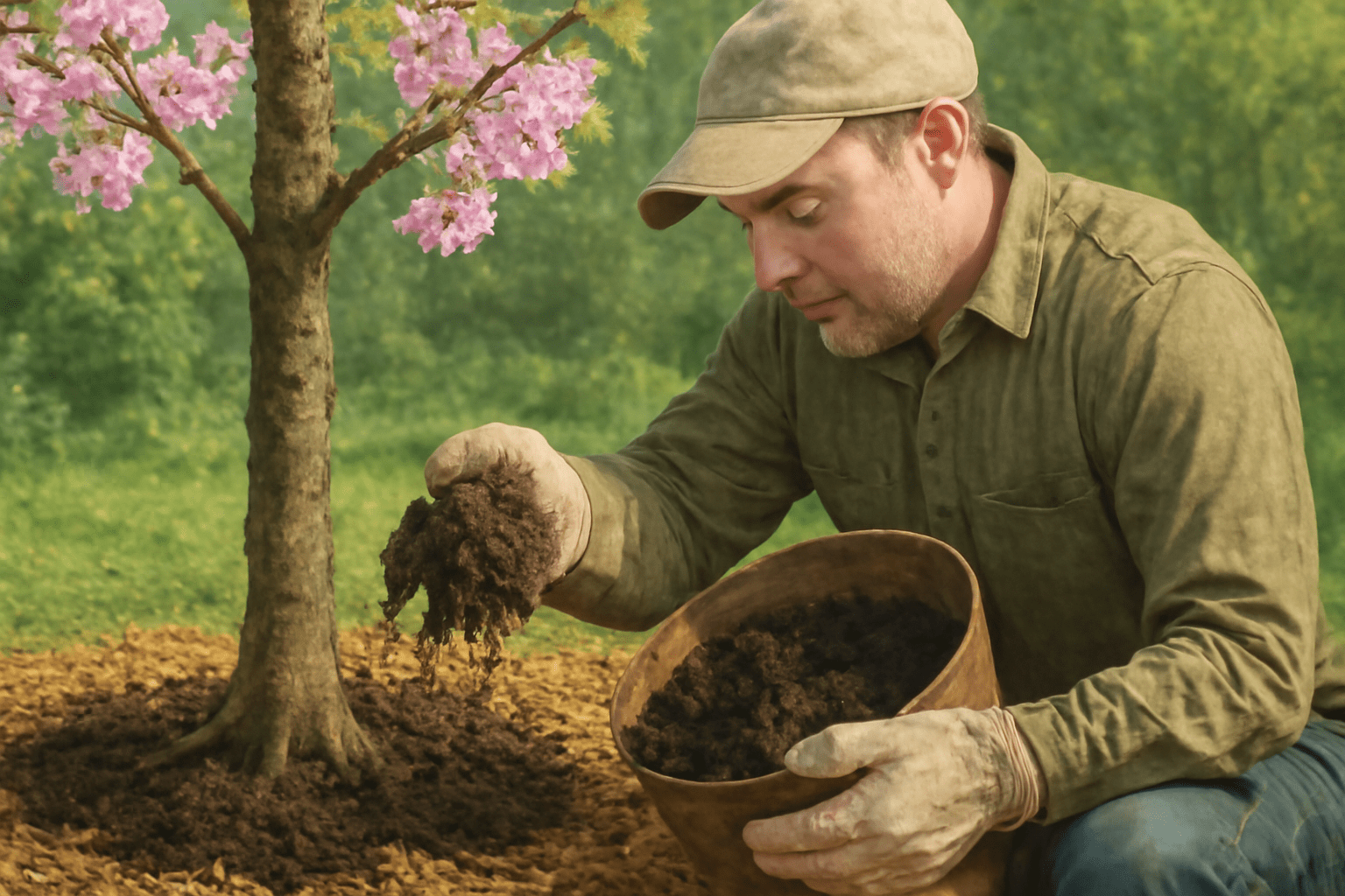 A person kneels by a young flowering tree, holding soil in one hand and a pot of nutrient-rich dirt in the other, surrounded by mulch.