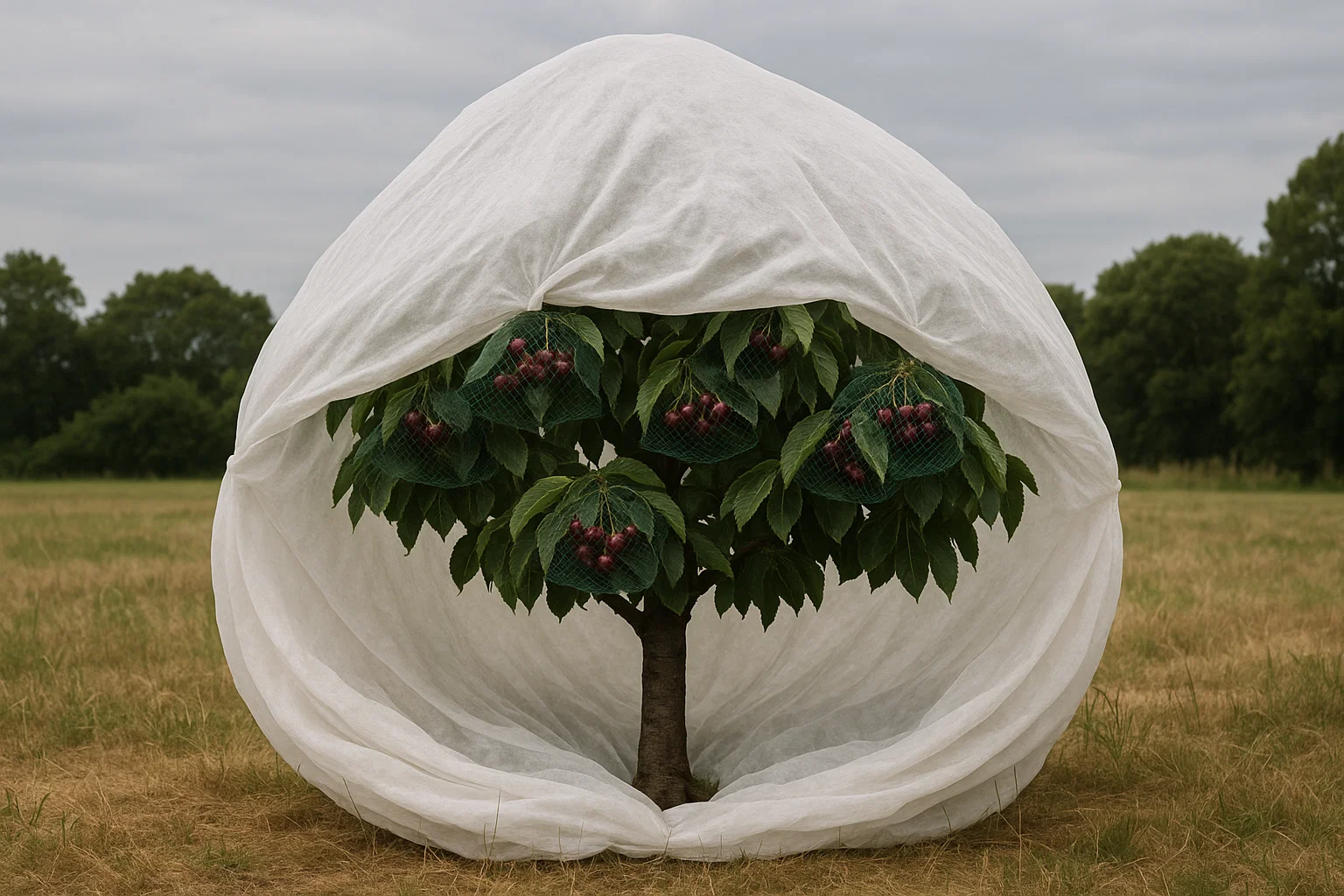 A small tree covered in protective fabric, showcasing clusters of ripe cherries in green protective nets, set in a grassy field.