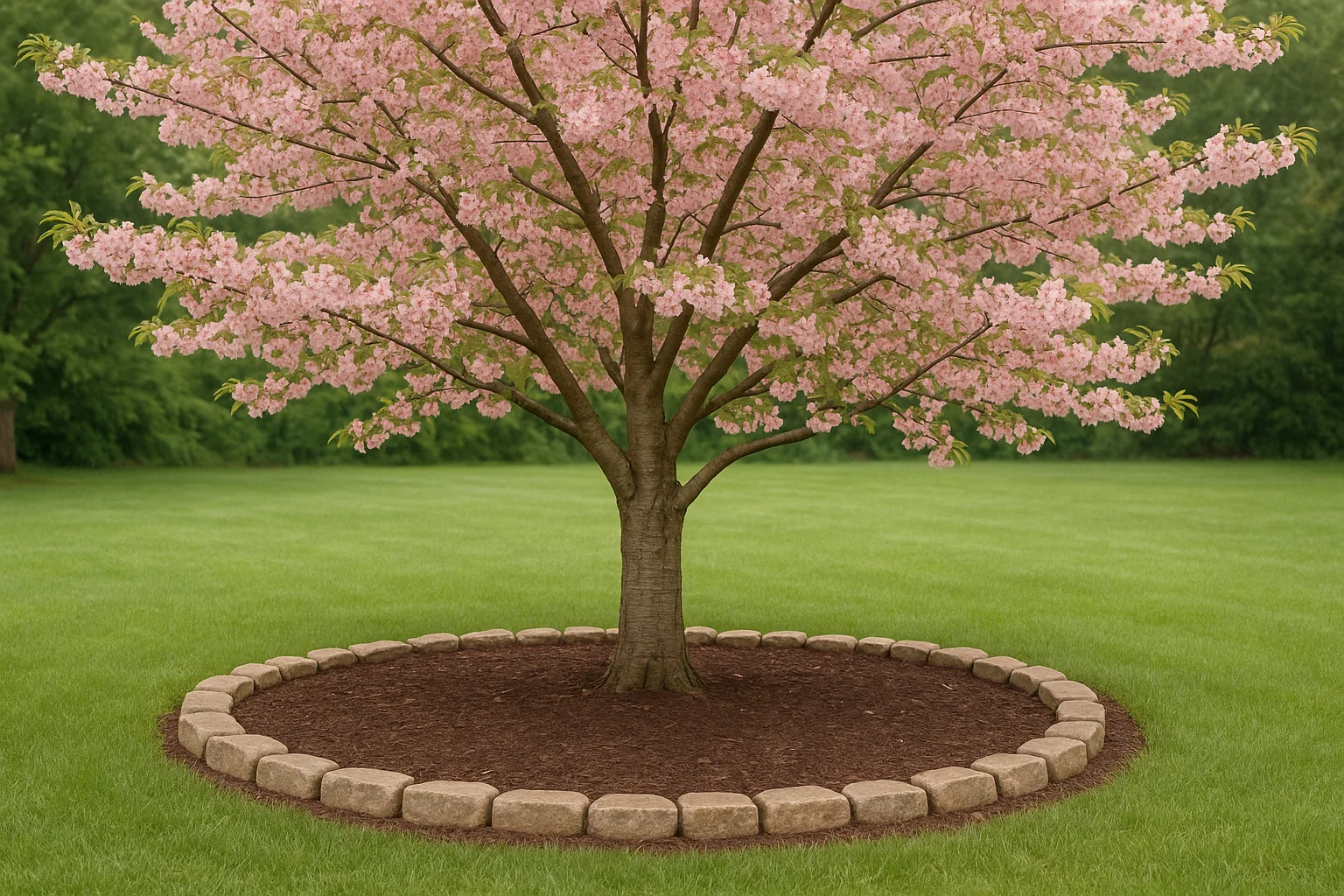A blooming pink tree stands in a grassy field, surrounded by a circular stone border and dark mulch.