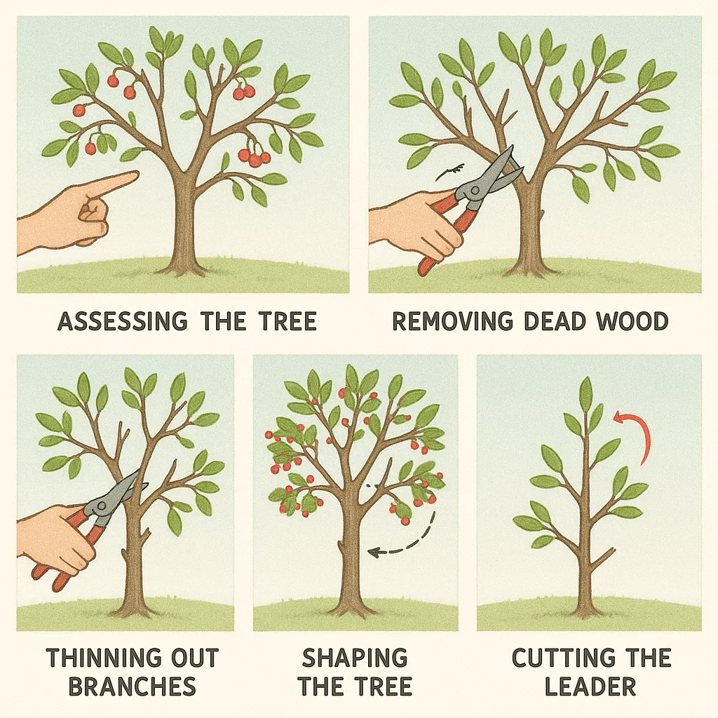 An illustrated guide showing five steps to prune a tree: assessing, removing dead wood, thinning branches, shaping, and cutting the leader.