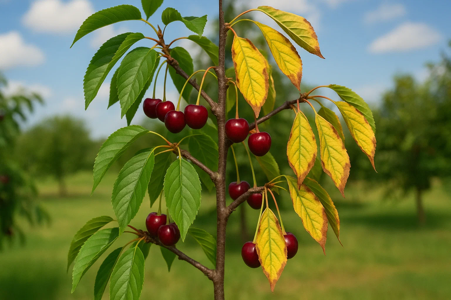 A close-up of a cherry tree branch featuring clusters of ripe red cherries and vibrant green and yellow leaves against a bright blue sky.