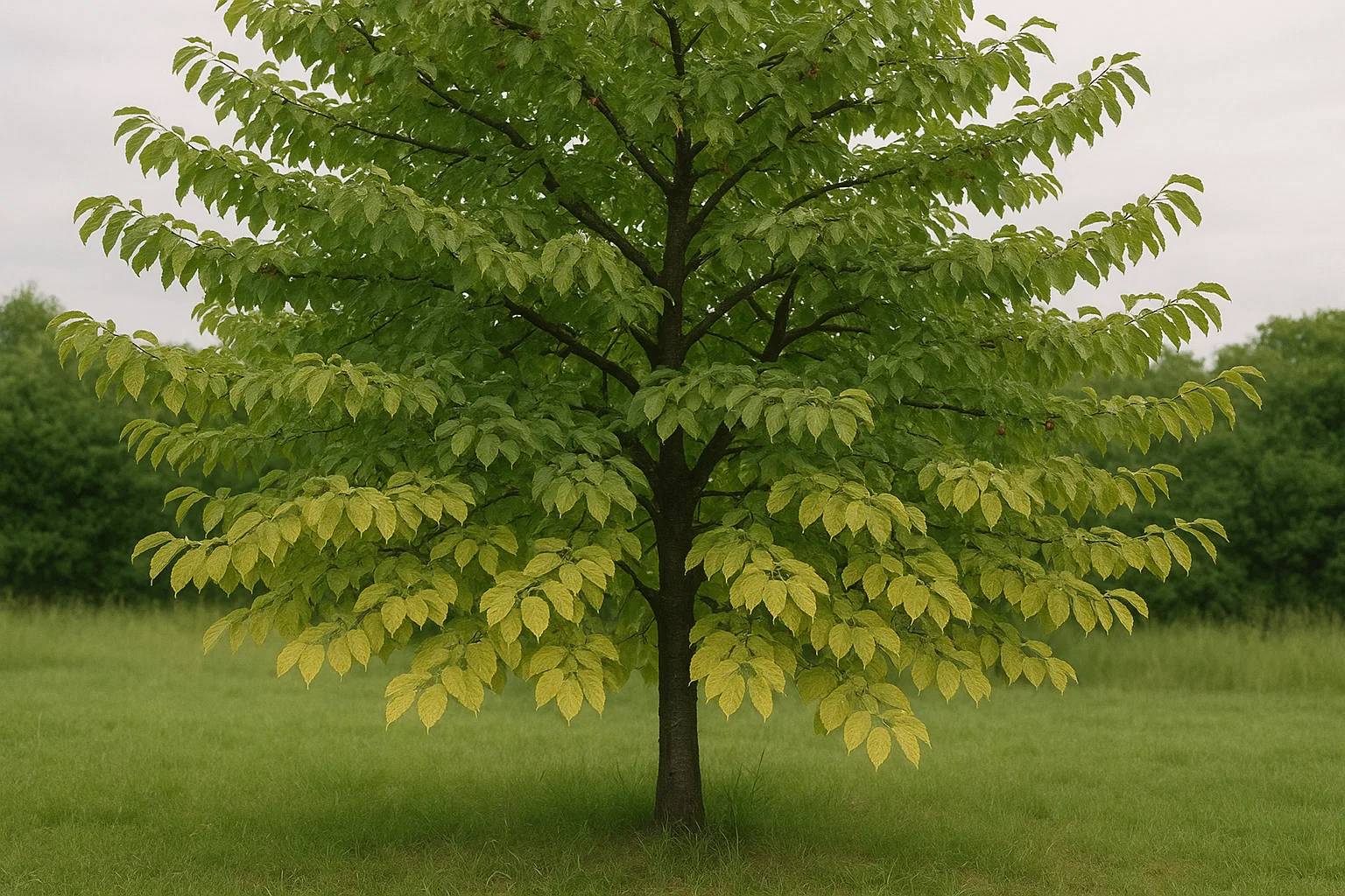 A lush green tree with yellowing leaves stands in a grassy field, surrounded by trees in the background under a cloudy sky.