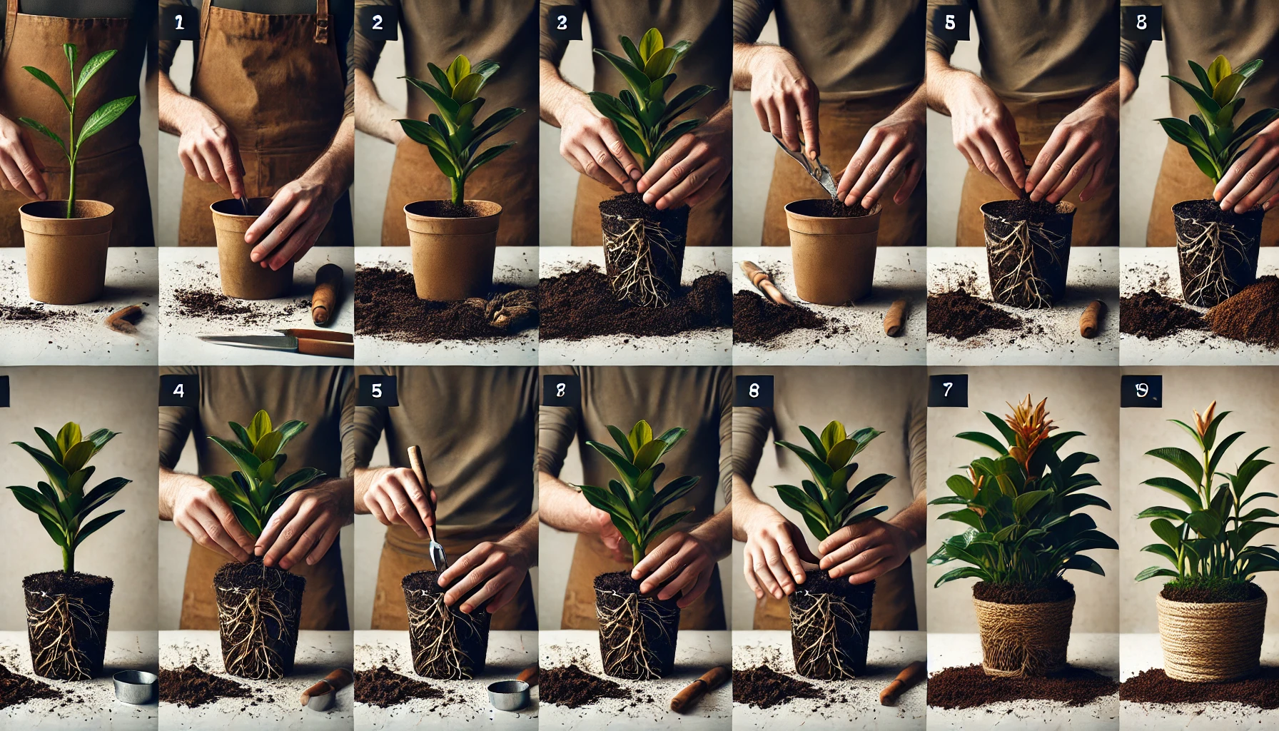 A step-by-step guide showing a person repotting a plant, including soil preparation and planting, culminating in a beautifully potted plant.