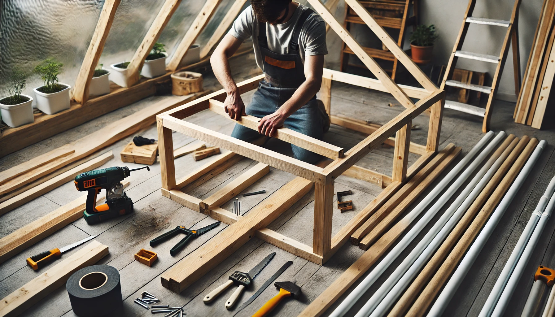 A man constructs a wooden frame indoors, surrounded by tools and materials, with plants visible through large windows.