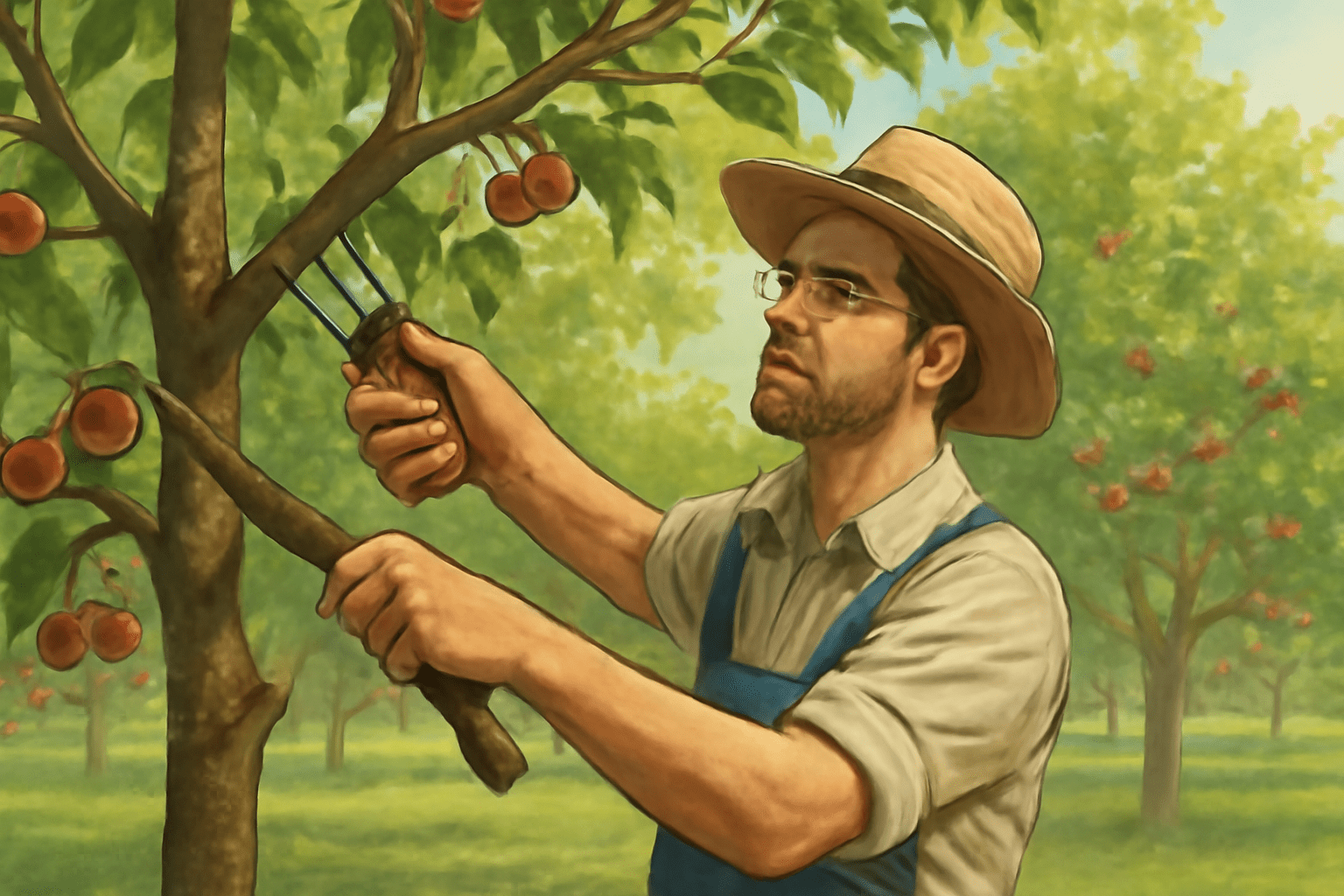 A farmer in a straw hat prunes an apple tree, surrounded by lush greenery and ripe apples in a sunny orchard scene.