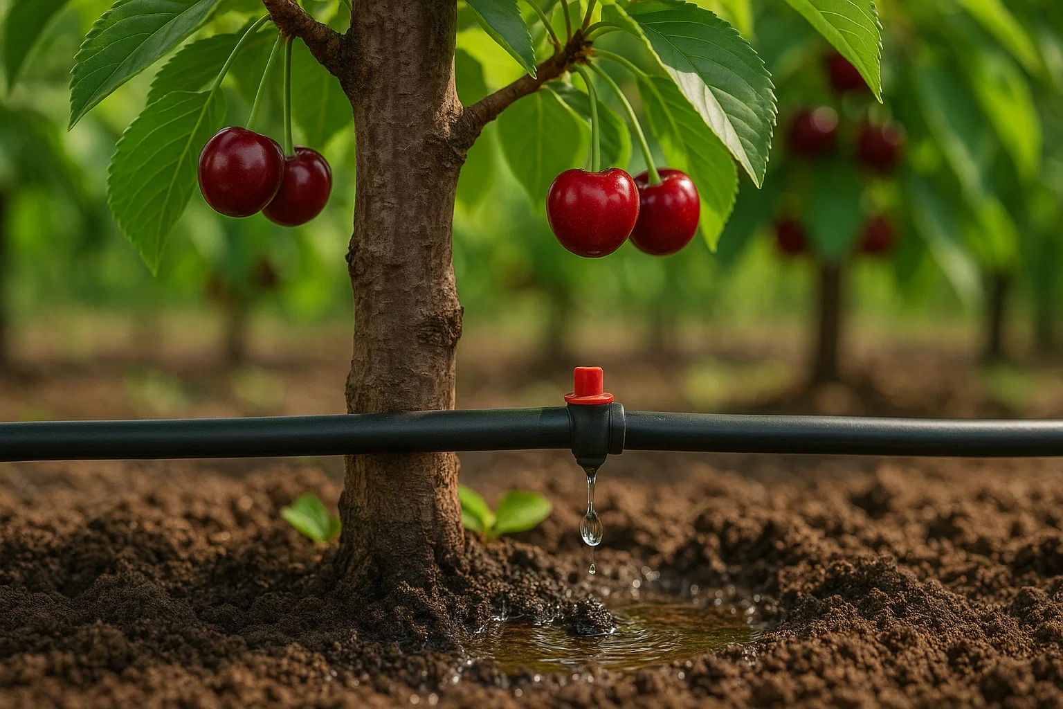 A cherry tree with ripe cherries and a drip irrigation system, with water gently dripping onto the fertile soil below.