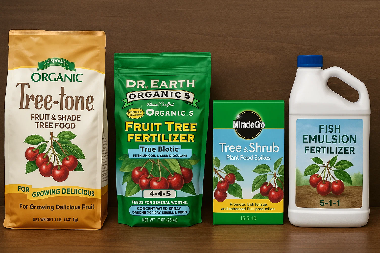 Four types of plant fertilizers displayed: Tree-tone, Dr. Earth, Miracle-Gro, and Fish Emulsion, each promoting tree health and fruit growth.