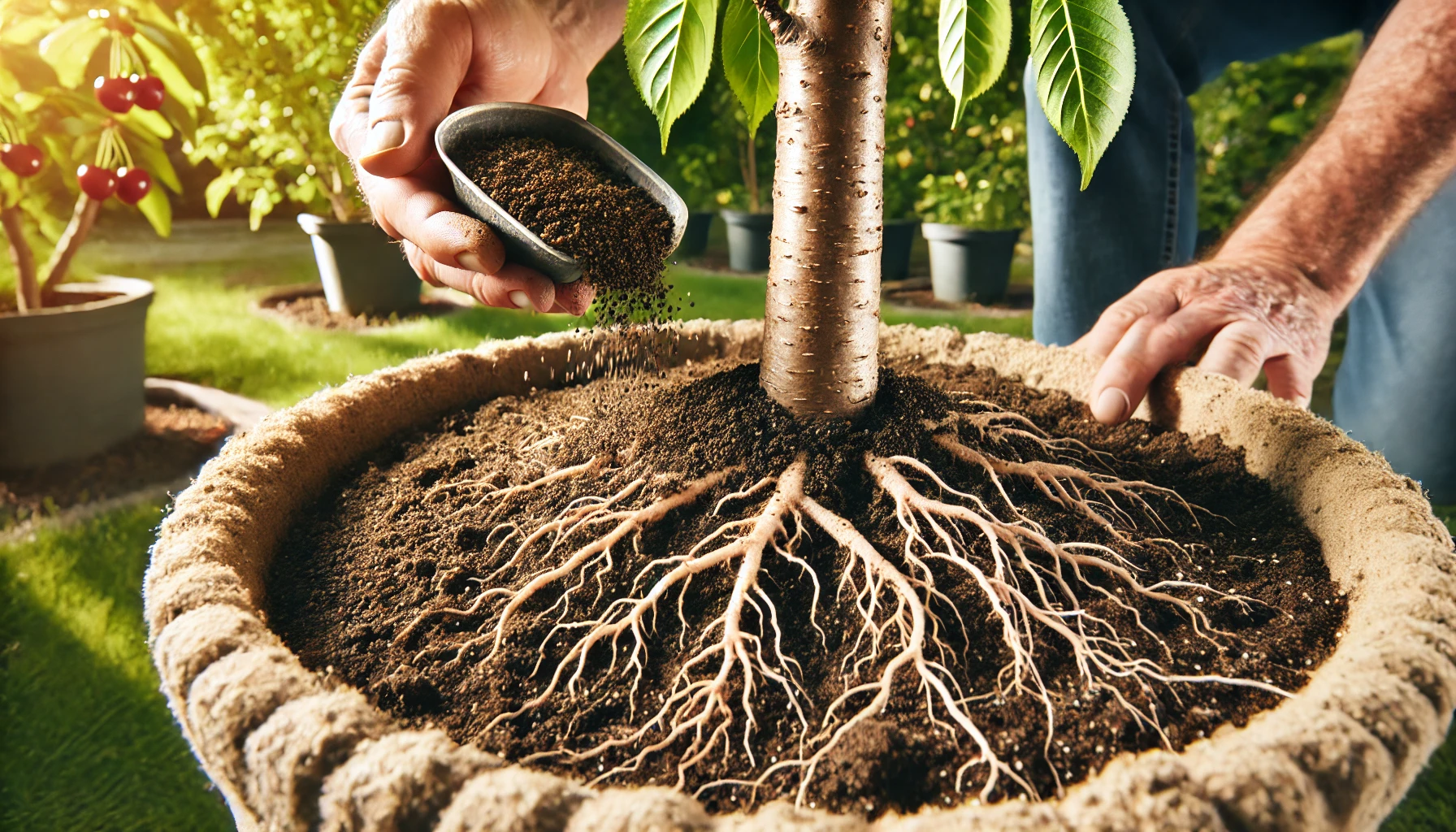 A gardener sprinkles soil around the roots of a small tree in a pot, showcasing the healthy root system and vibrant greenery in the background.