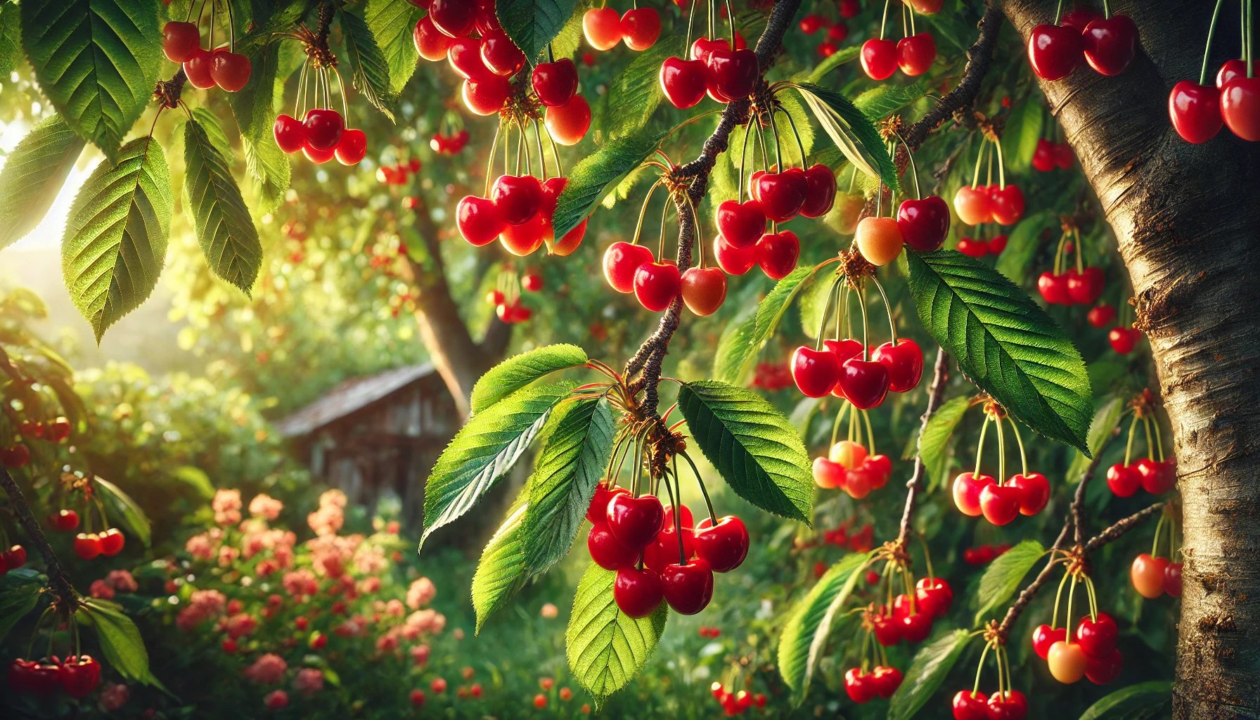 Sunlit cherry tree branches laden with vibrant red cherries, surrounded by lush green foliage and a blooming garden in the background.
