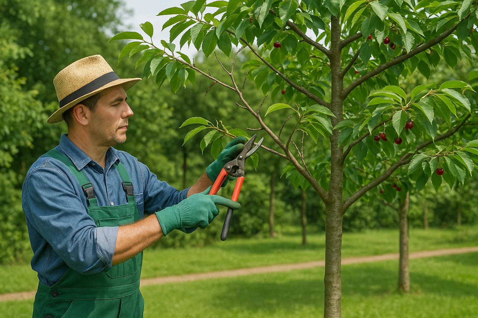 A gardener in green overalls and gloves prunes a cherry tree with red fruit against a lush green landscape.
