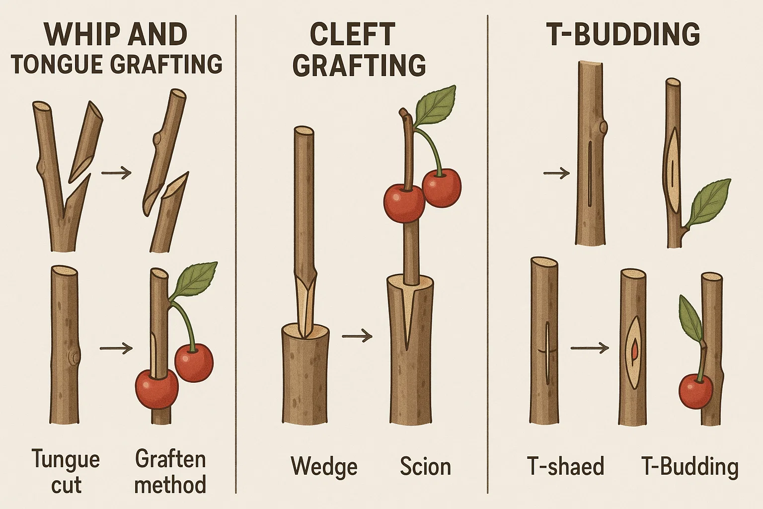 Illustration showing three grafting techniques: Whip and Tongue, Cleft, and T-Budding, with step-by-step visuals and descriptions.