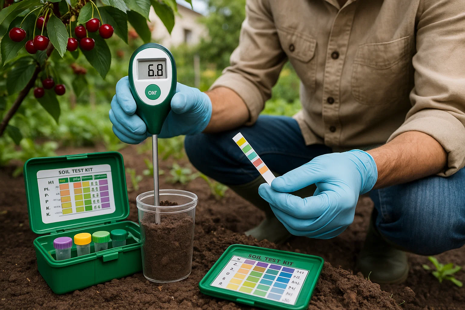 A person in gloves tests soil pH with a meter and color strip next to a soil test kit, surrounded by cherry trees in a garden.