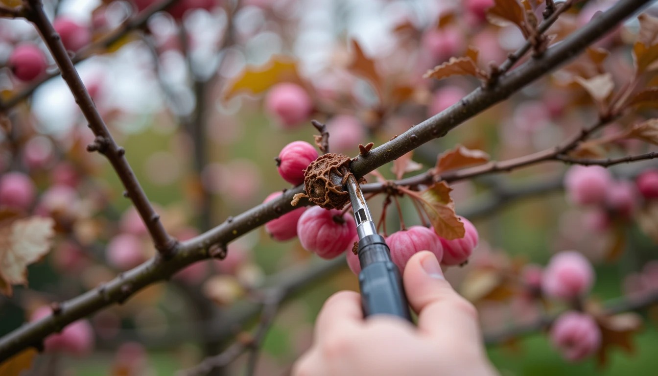 A hand using a tool to examine a small, brown growth on a branch surrounded by pink buds and green leaves in a blurred background.