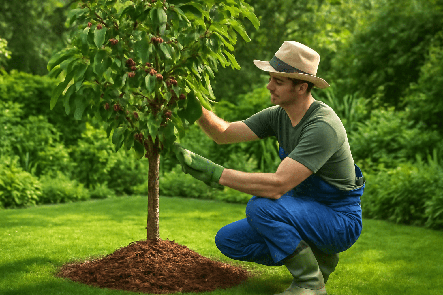 A gardener kneels beside a young tree, inspecting its leaves while wearing gloves and a wide-brimmed hat in a lush green garden.