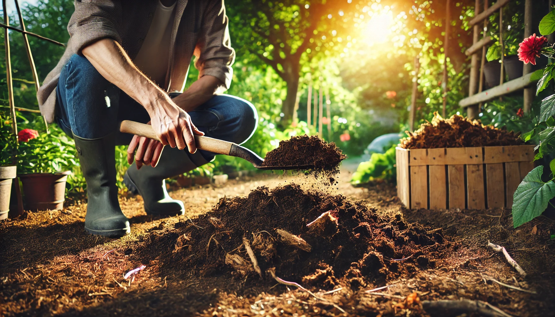 A person in gardening boots uses a shovel to lift rich soil in a sunlit garden, surrounded by plants and wooden boxes.