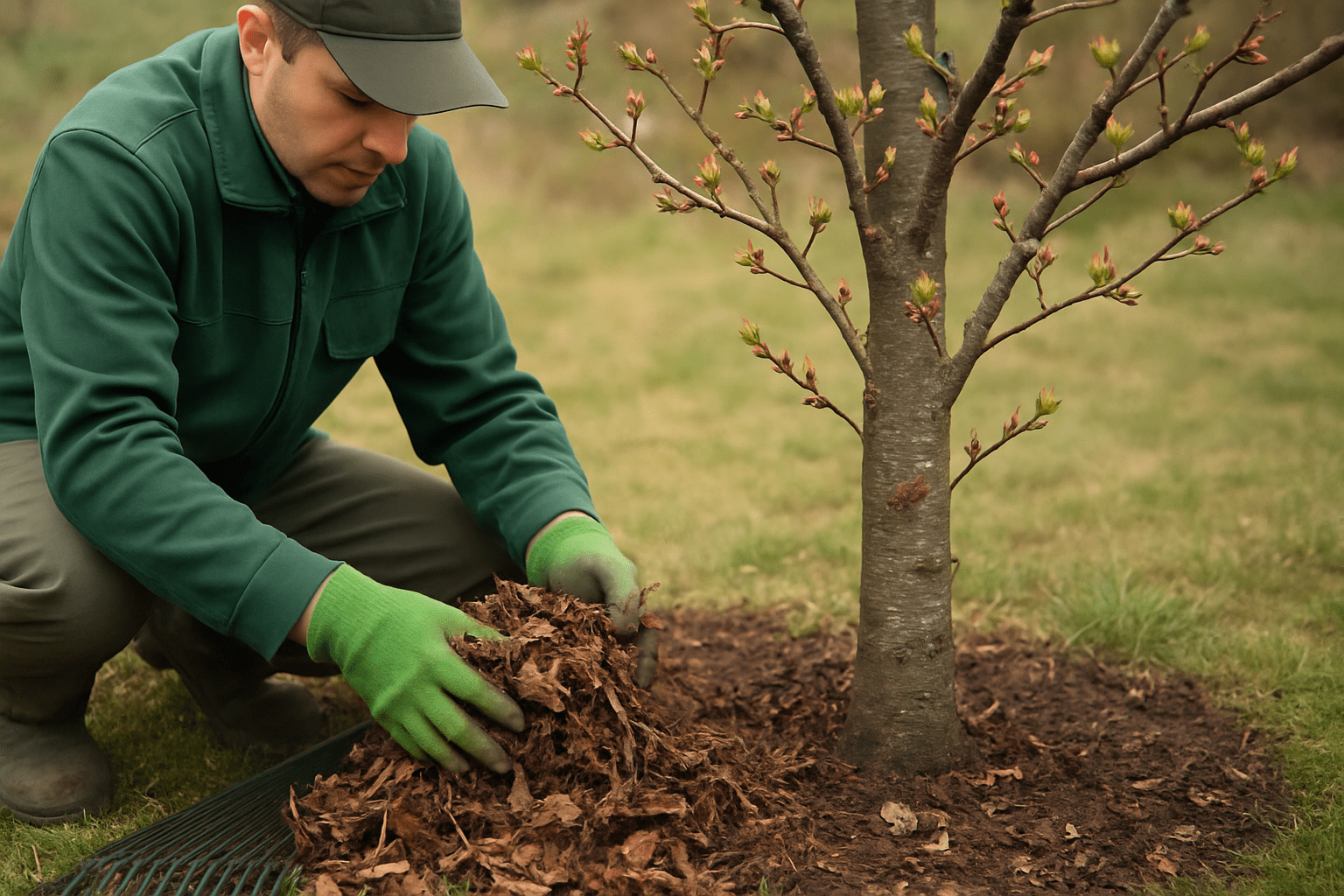 A person in green attire places mulch around the base of a young tree, surrounded by fresh greenery and budding branches.
