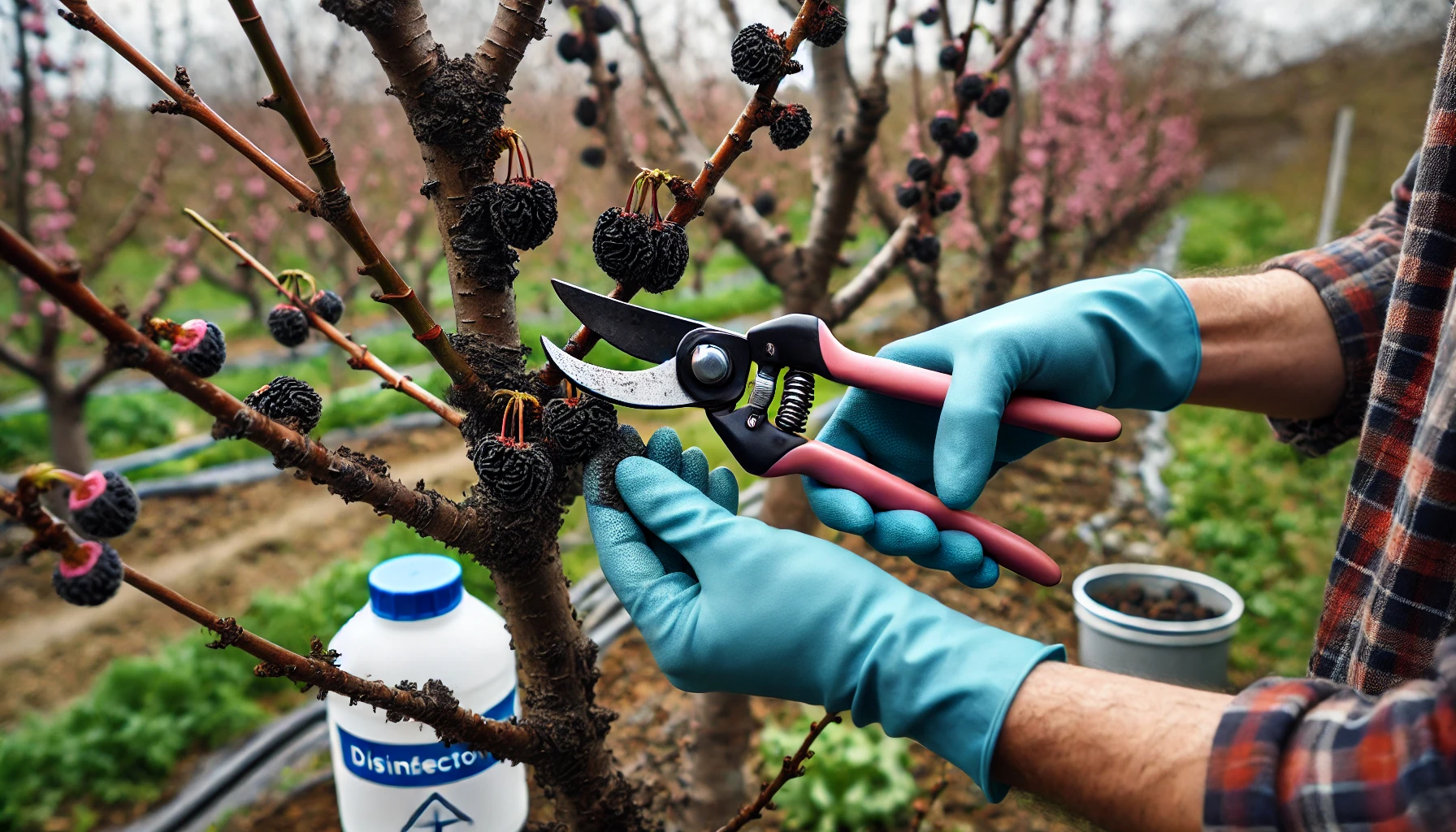 A person with blue gloves uses pruning shears to carefully trim black fruit from a tree in an orchard, with disinfectant nearby.