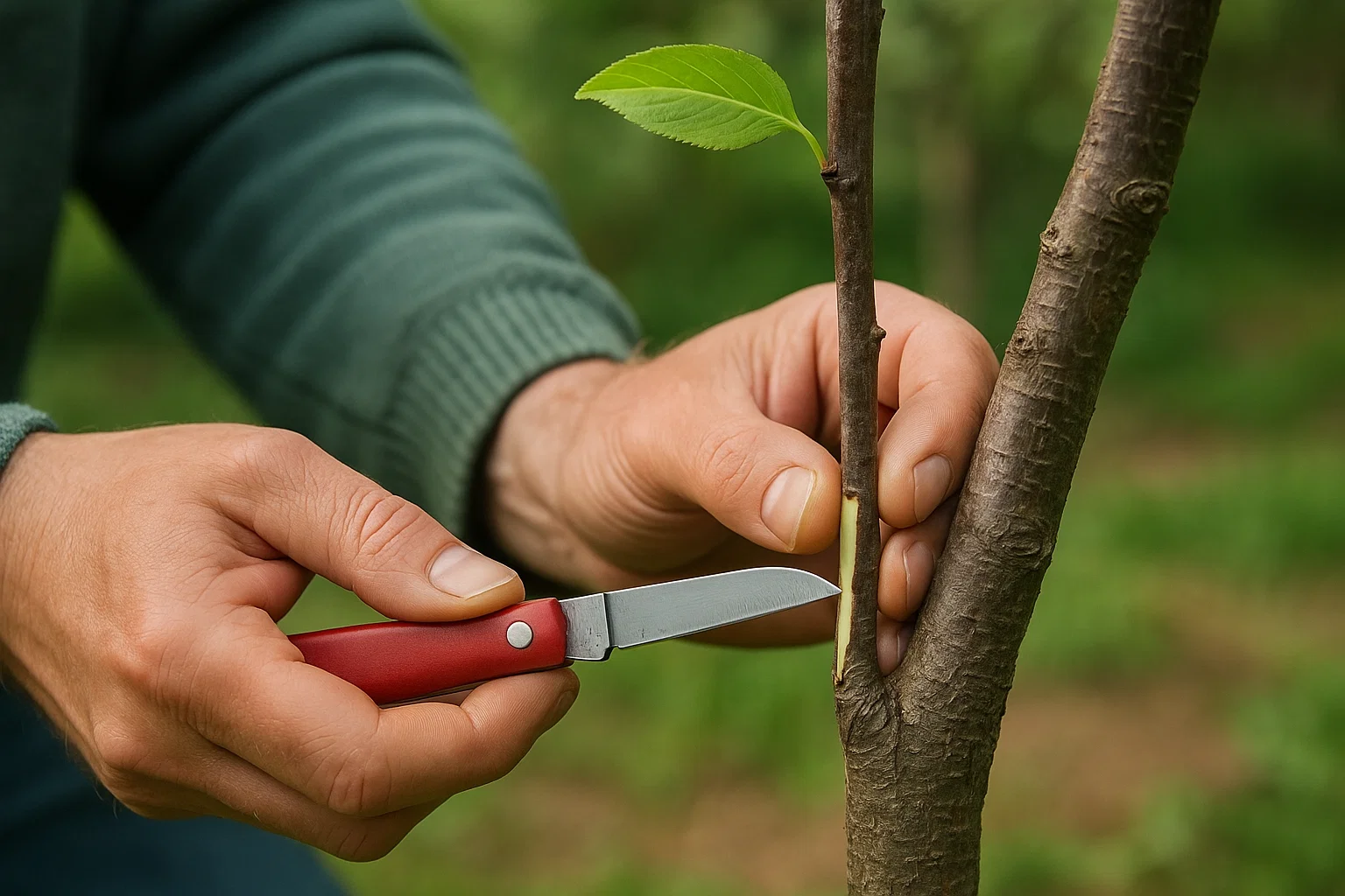 A gardener prunes a young tree branch with a small knife, carefully preparing for growth in a lush green environment.