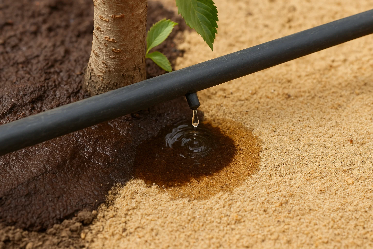 Drip irrigation system watering a young tree; water drops onto the soil, promoting growth in a sandy environment.