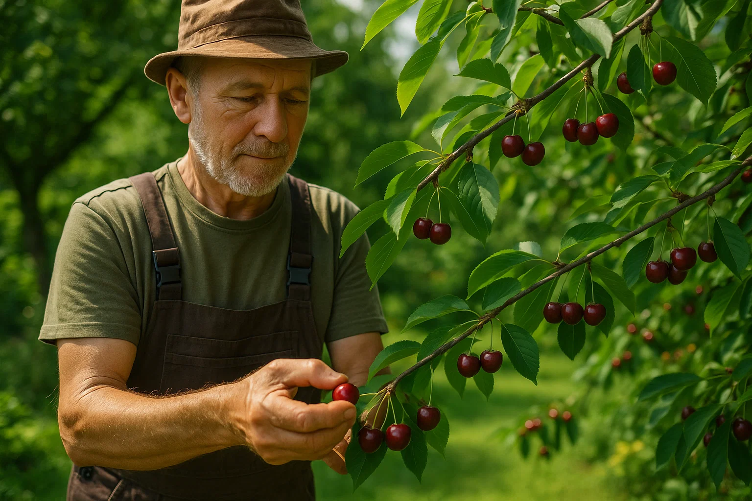 A person wearing a brown hat and overalls picks ripe red cherries from a lush green cherry tree in a sunny orchard.