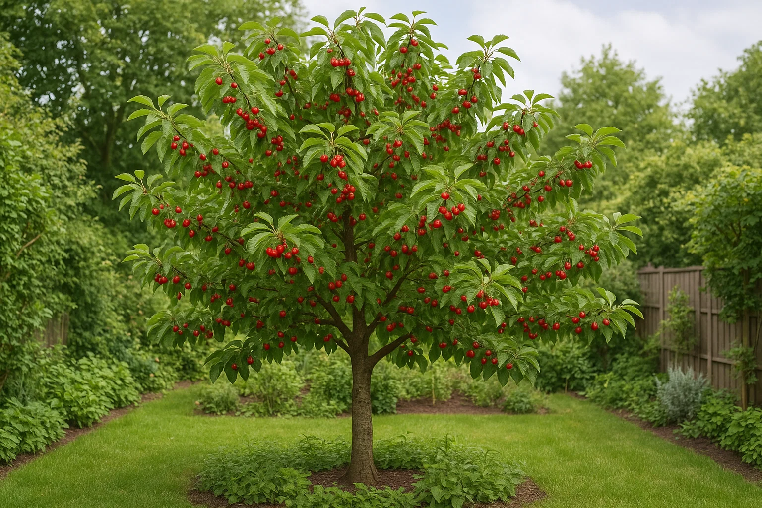 A lush green tree laden with bright red cherries stands in a well-maintained garden, surrounded by verdant foliage.