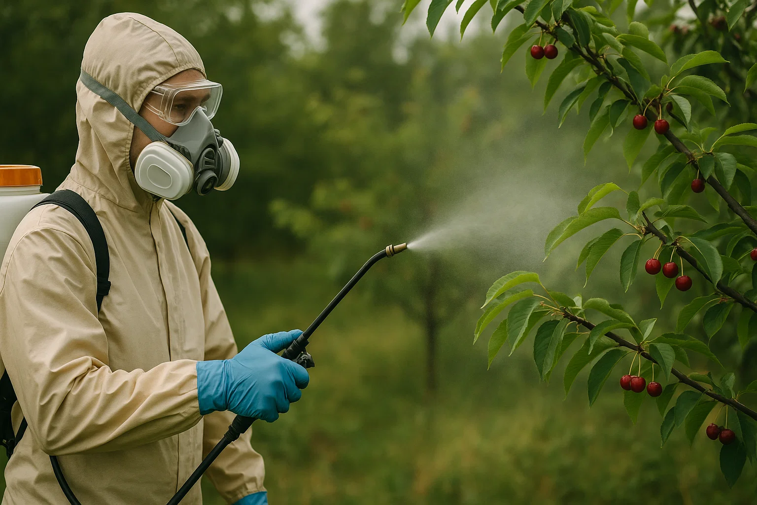 A person in protective gear sprays a branch of cherry tree blossoms, with red cherries, in a lush green orchard.